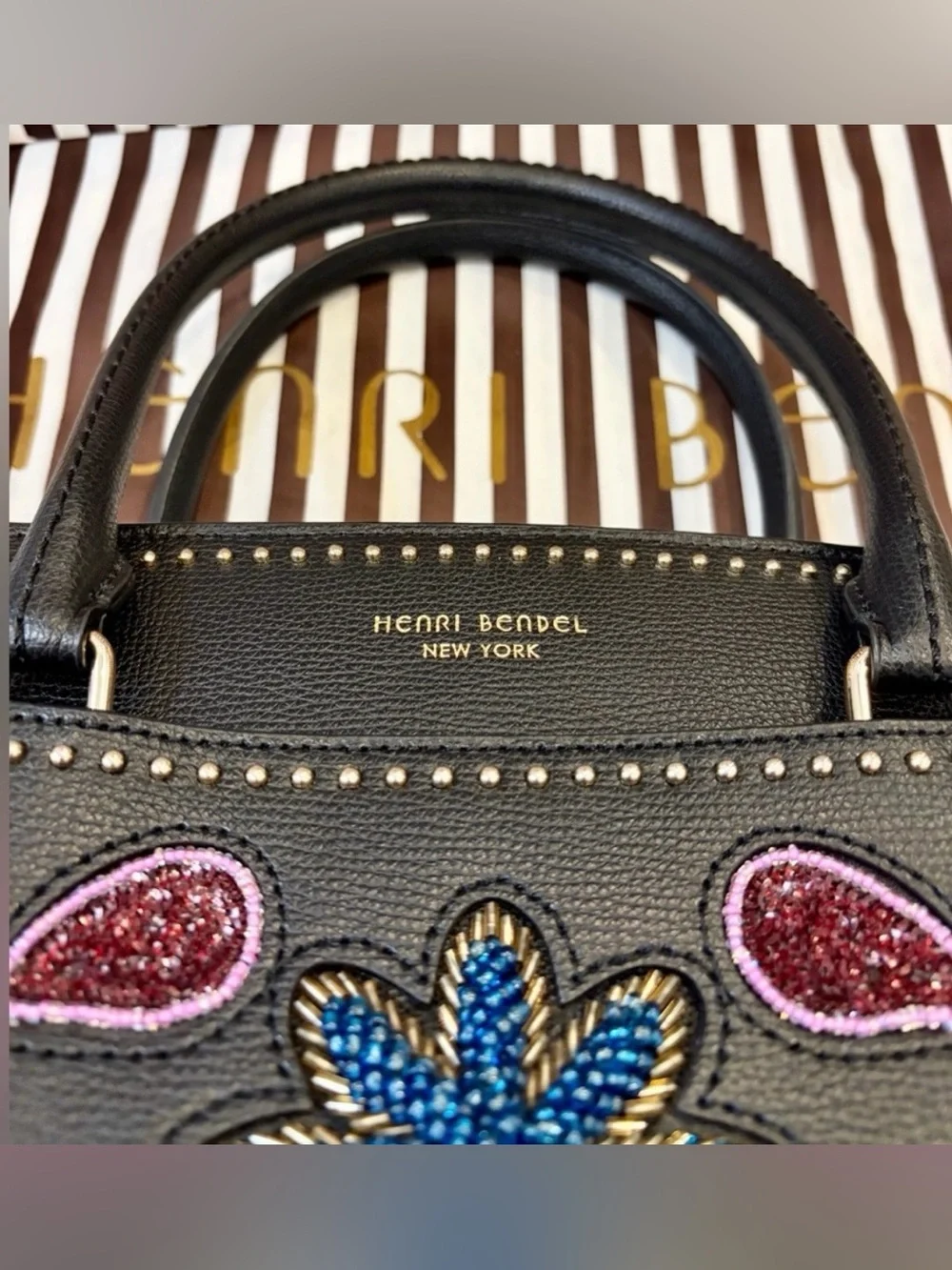 HENRI BENDEL West 57th Embellished Floral Appliqué Satchel w/dusty-shopping bag